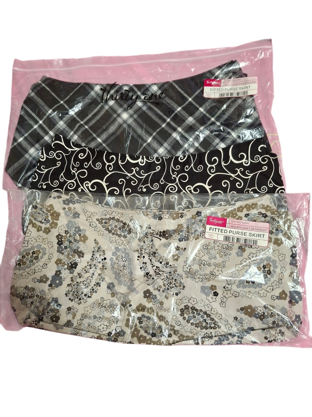 Thirty-One Fitted Purse Skirt -Set Of 3 New Black/Gray Plaid & Cream Paisley